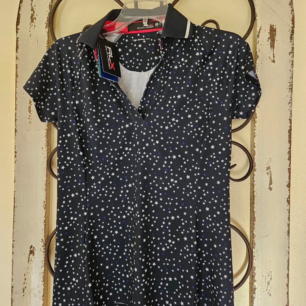 RLX Ralph Lauren Women's Tailored Fit Navy Blue Stars Golf Polo Shirt XS